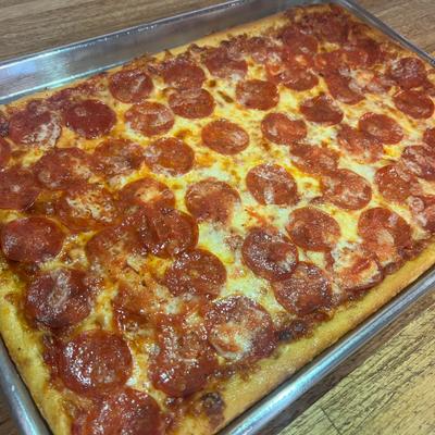Rectangular pepperoni pizza.