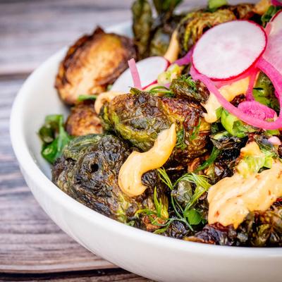 Close up of Fried brussels sprouts.