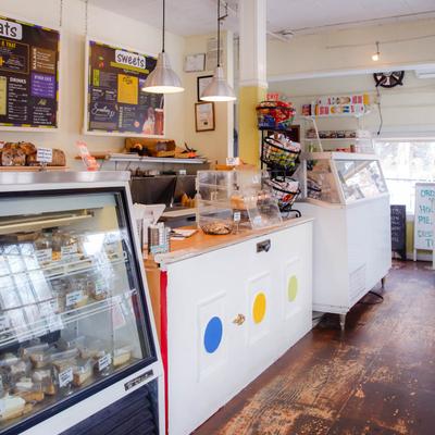 Interior, order counter with glass display cases