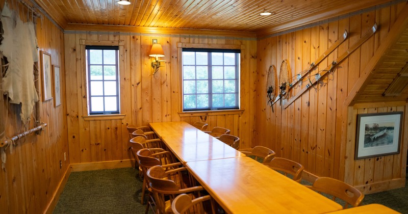 Interior, seating area, tables ready for guests