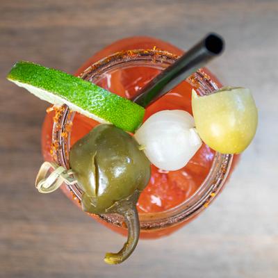 Bloody Mary cocktail, top view.