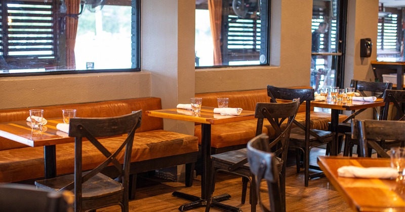 Interior, bench seating, tables and chairs