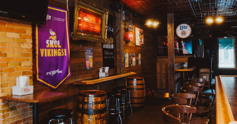 Interior, high seating area, levitating bar planks with stools, hardwood floors
