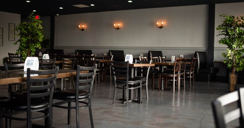 Restaurant interior, dining area, tables, chairs