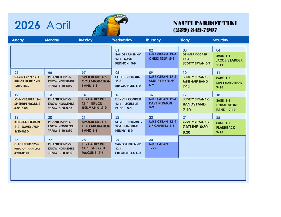 Tiki Hut Events Calendar 