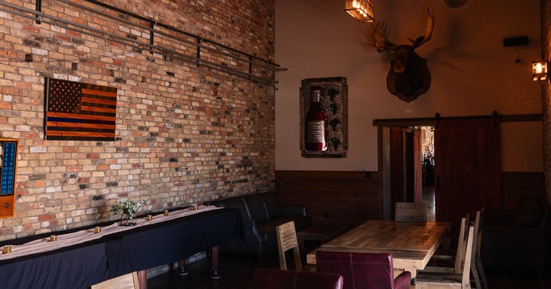 Interior, wooden table and chairs in seating area