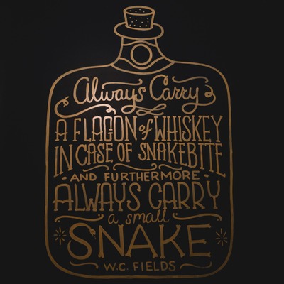 Bottle drawing featuring a famous W.C. Fields quote about whiskey.