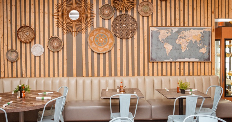 Interior, dining tables with accessories