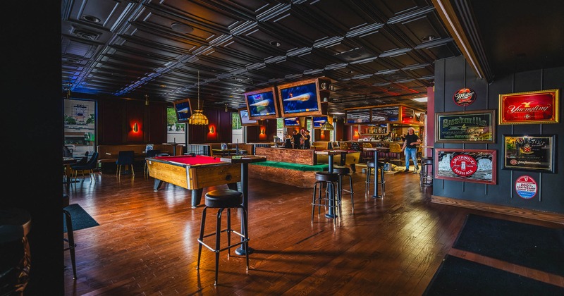 Interior, seating place around pool tables