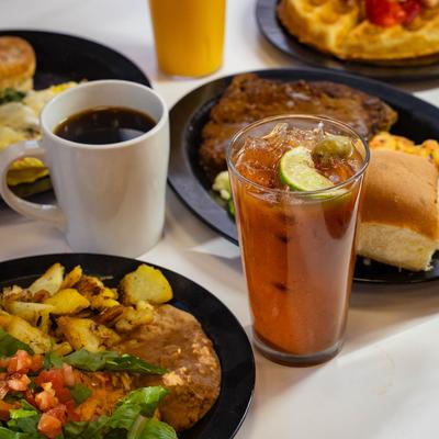 Assorted food and drinks.