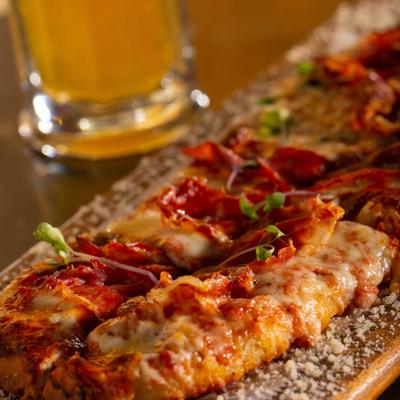 Flatbread pizza and a beer