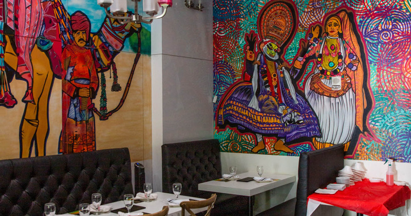 Interior, indian-style colorful decorations on the walls