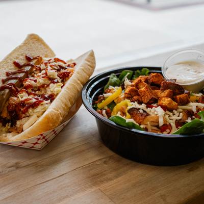 Smoked Chicken Salad served alongside Southern BBQ sandwich.