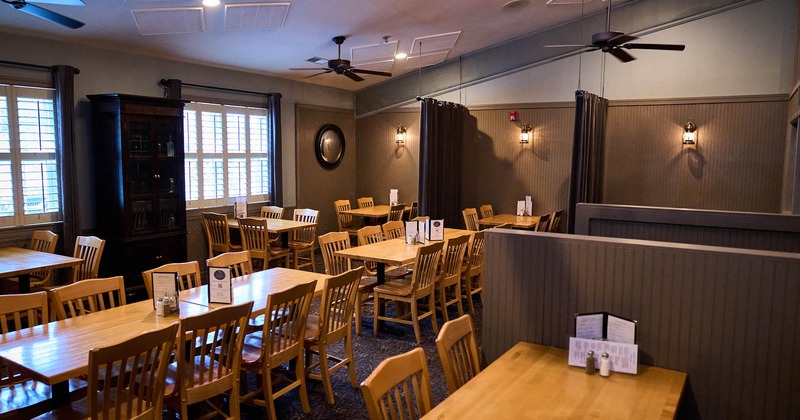 Interior, dining area, ceiling fans, curtain room dividers, small windows with blinds