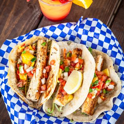 Grilled Mahi Mahi tacos, with salsa.
