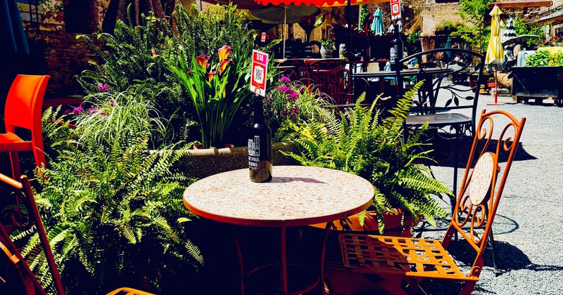 Exterior, tables, chairs and parasols