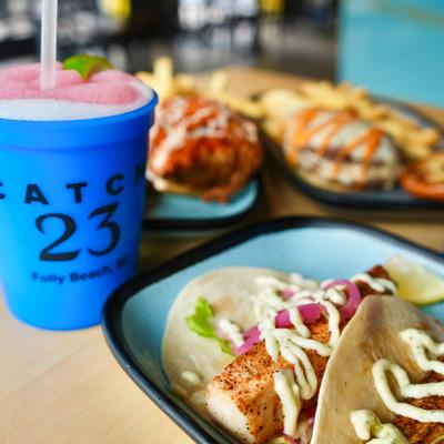 Fish tacos and a frozen cocktail.