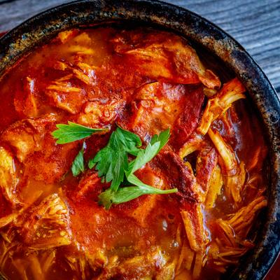 Chicken and vegetable stew, top view.