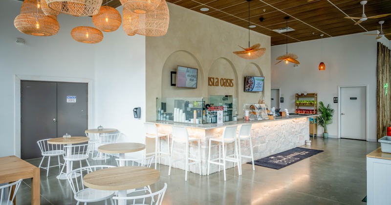 Interior, seating area with a bar in the back