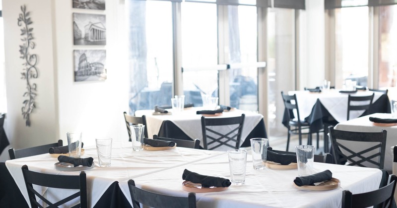 Interior, seating space with tables and chairs