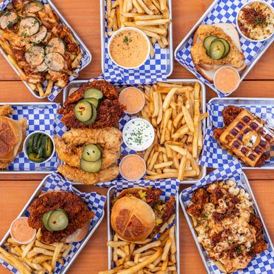 Assorted food plates, overhead view