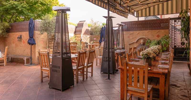 Outdoor patio seating, elegant set table