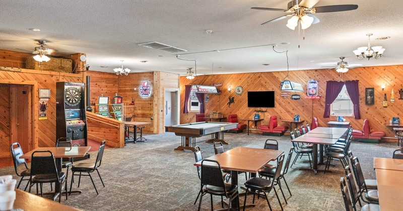 Wild West-themed interior with standard and bar seating