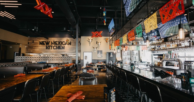 Interior, wide shot of bar and dining area
