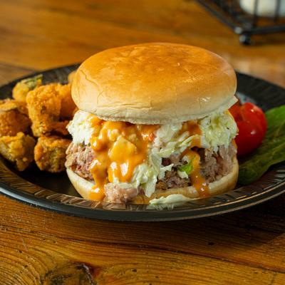 Burger served with corn nuggets.