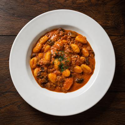 Potato gnocchi served in a rich meat and tomato cream sauce with shiitake and herbs.