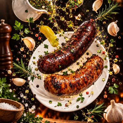 Grilled sausages on a plate surrounded by floating garlic cloves, fresh herbs, and splashing oil.
