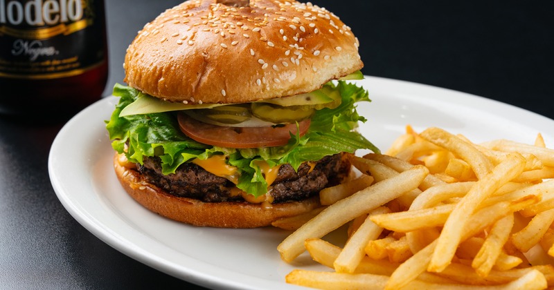 Cheeseburger served with a side of fries