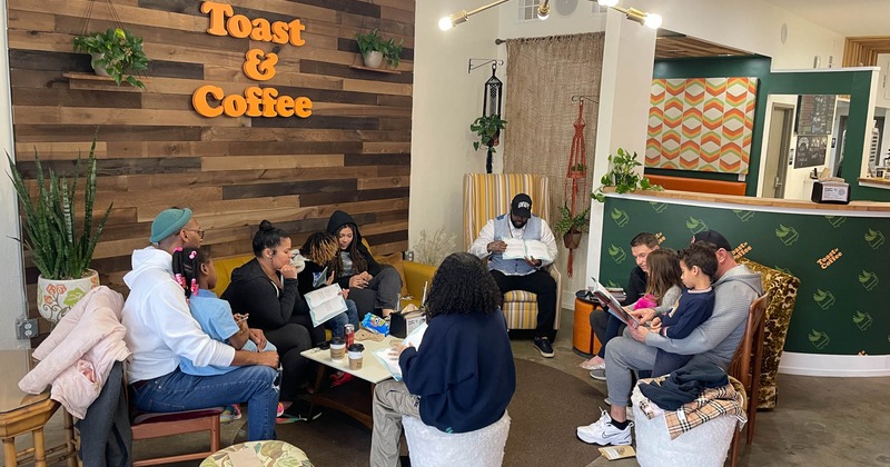 Interior, people socializing