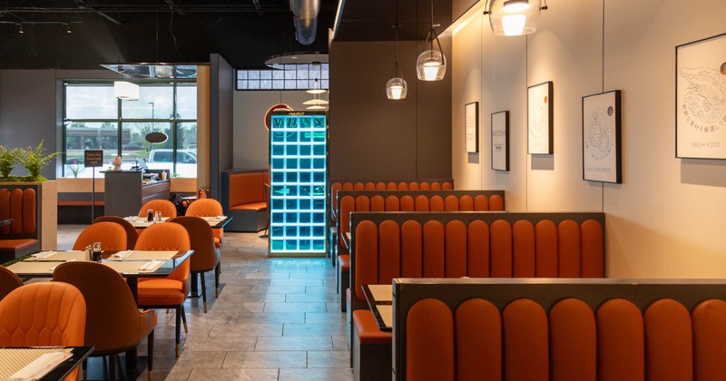 Dining area, tables, chairs and dining booths