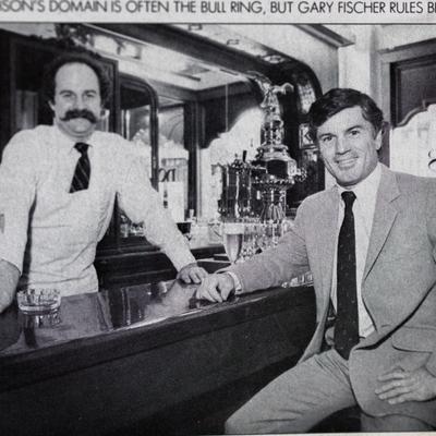 An old photo of Paul Dobson, the owner, with the bartender