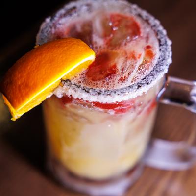 Iced cocktail with salted rim.