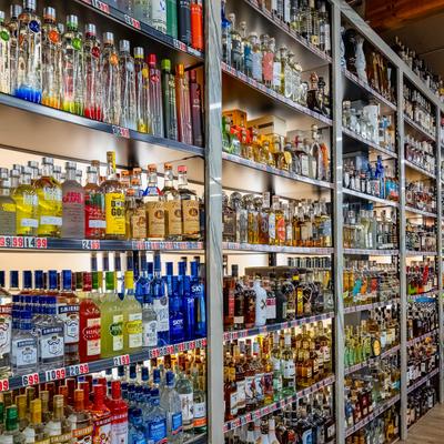 An assortment of liquor bottles.