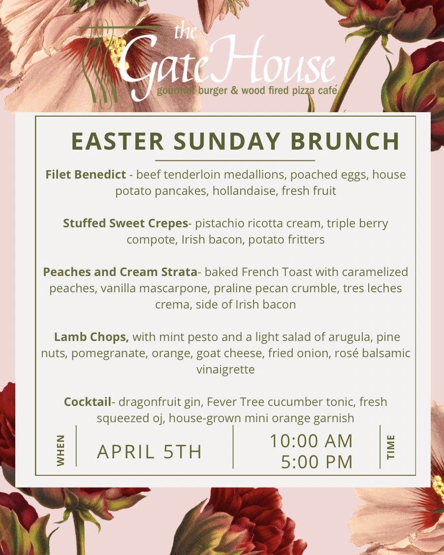 pink background with red flowers, and the brunch features for Easter day.