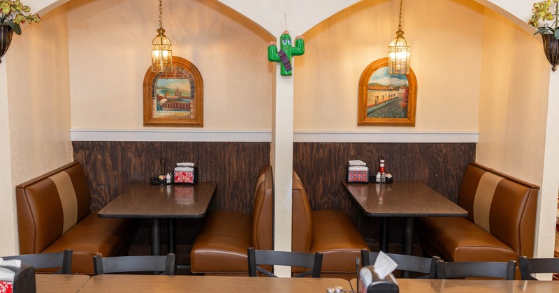 Interior seating area with booths and tables