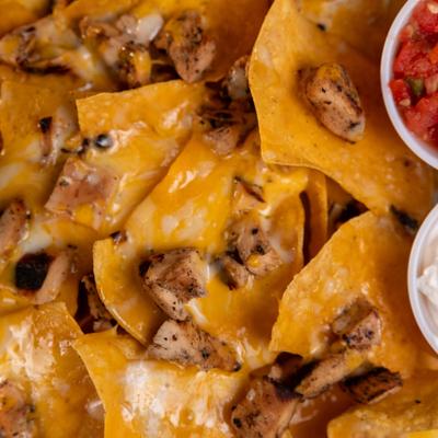 Chicken nachos, top view.