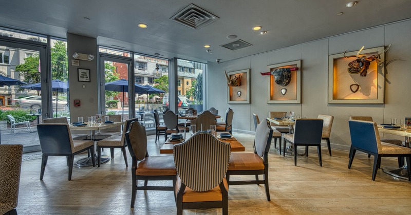 Interior seating area with chairs and tables, wall decoration