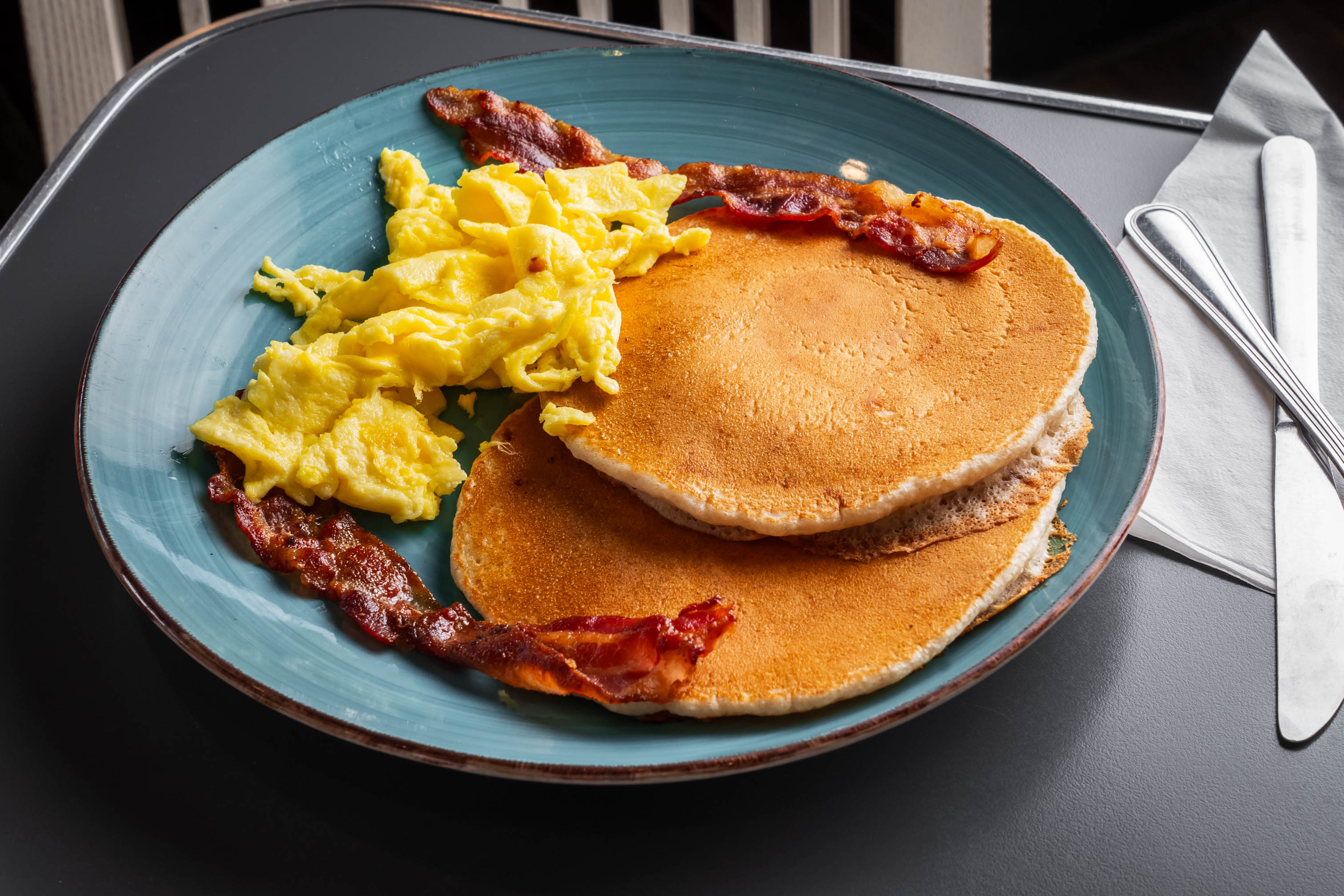 Pancakes, eggs, and bacon