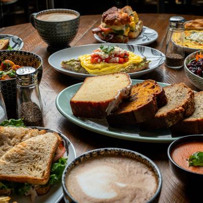 Various meals, angled view.