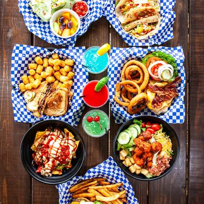 Assorted food and drinks, top view.