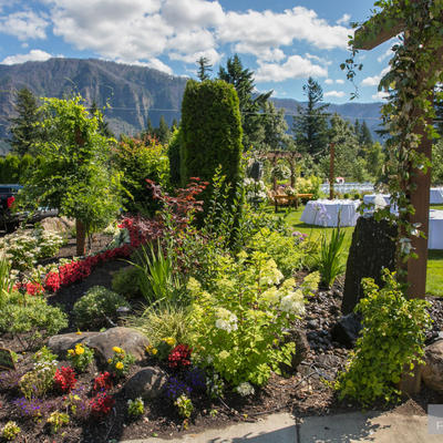 Flower garden with natural landscape in the back