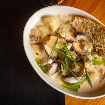 Clam chowder, served, top view