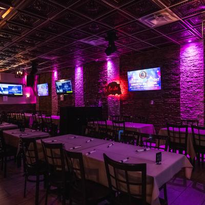 Dimly lit dining area.