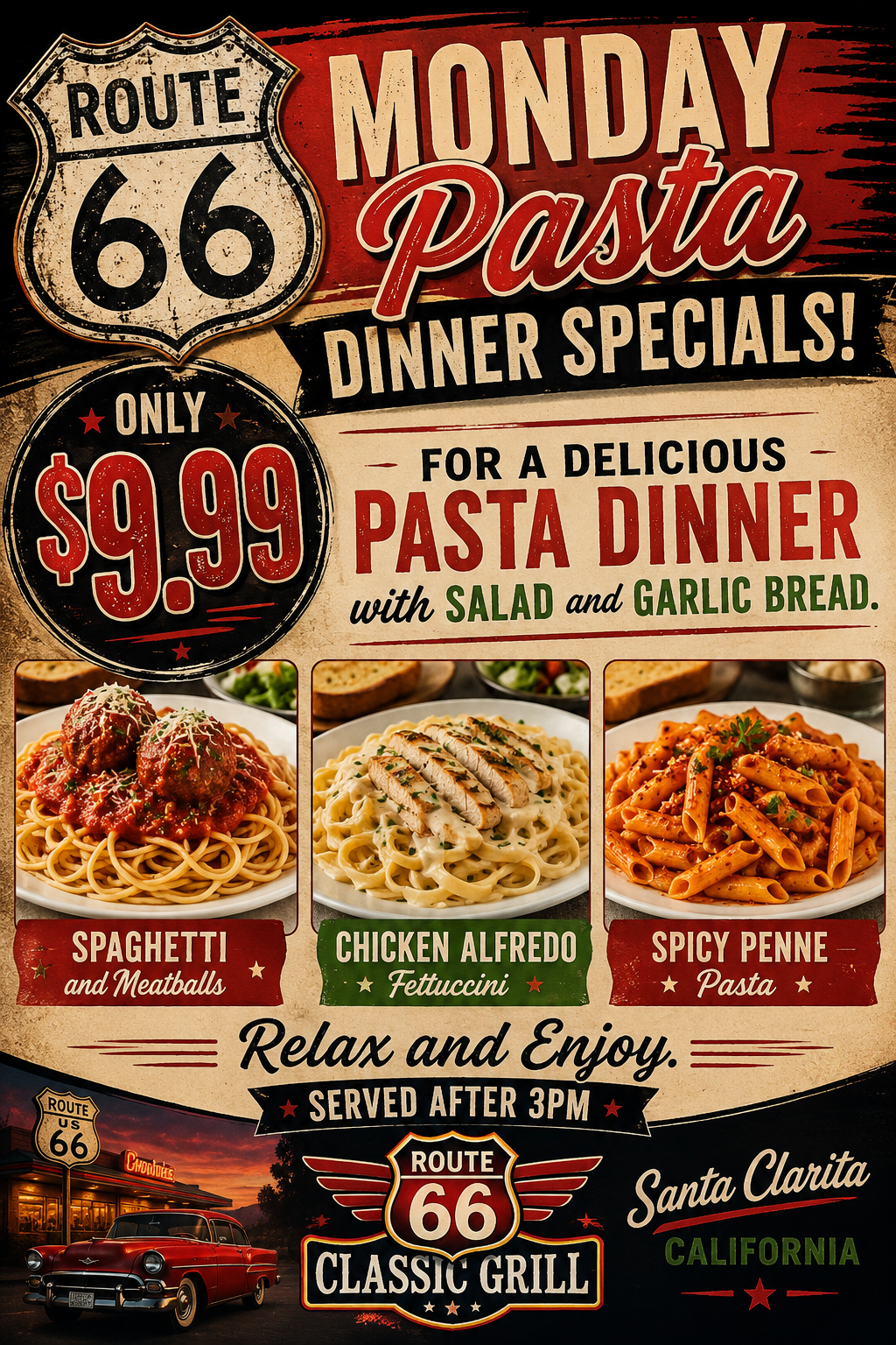 Monday Pasta Night specials $9.99 for pasta dish, salad, garlic bread