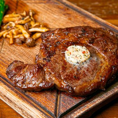 Angus Beef Ribeye, close-up.