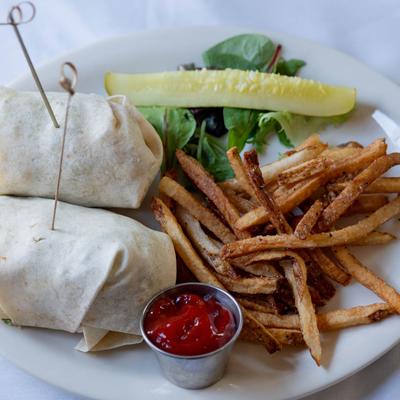 Chicken wraps and fries.